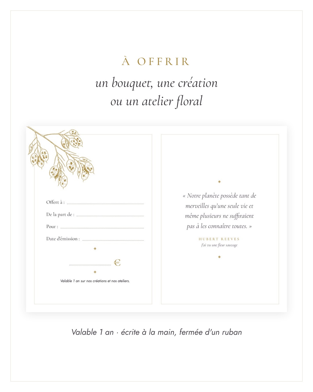 Carte cadeau La Lunaire imprimée sur papier texturé, à offrir pour un bouquet, une création ou un atelier floral