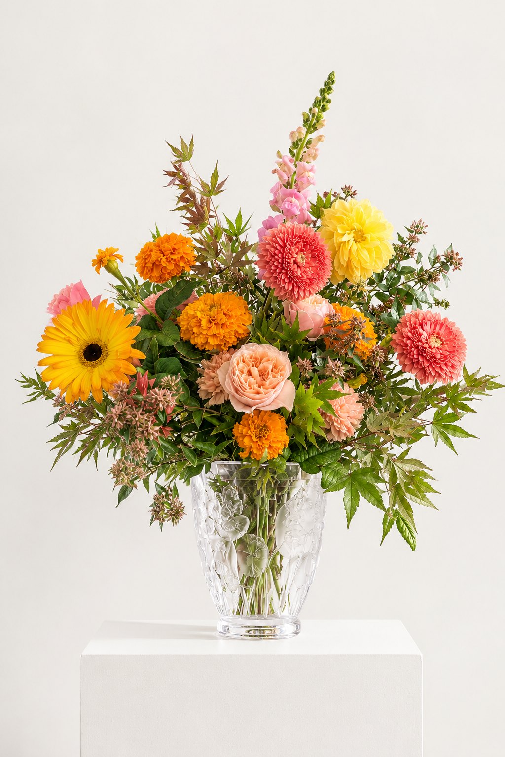 Bouquet d’automne aux dahlias corail et jaunes, roses pêche, œillets d’Inde orange et feuillage d’érable dans un vase en cristal