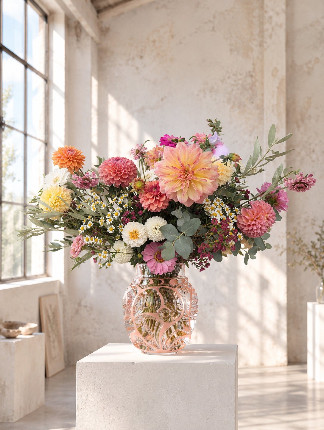 Bouquet champêtre de dahlias pêche, corail et blancs, zinnias roses, matricaire, eucalyptus et olivier dans un vase rose ciselé